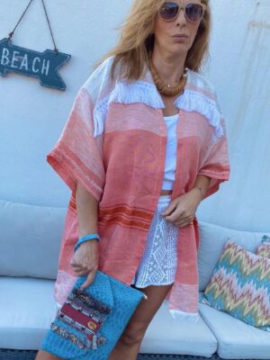 Kimono en seda y algodón en degradé en color rojo y blanco con flecos