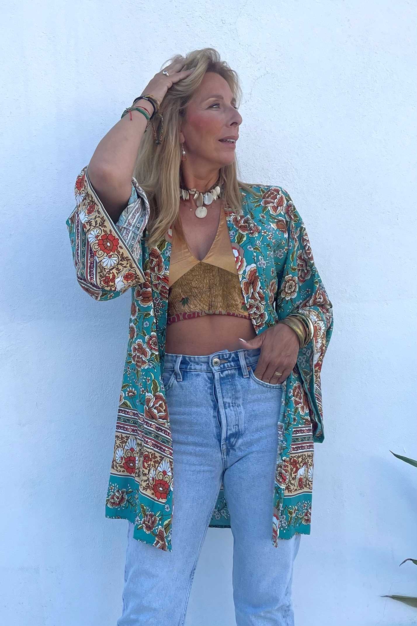Kimono estampado verde estilo bohemio