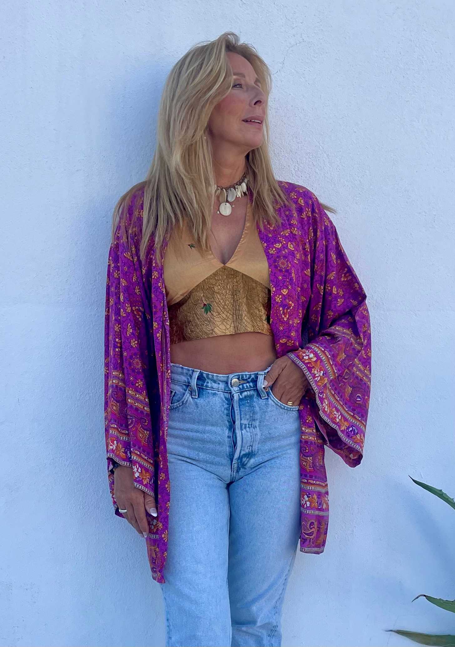 Kimono mujer corto estampado fucsia
