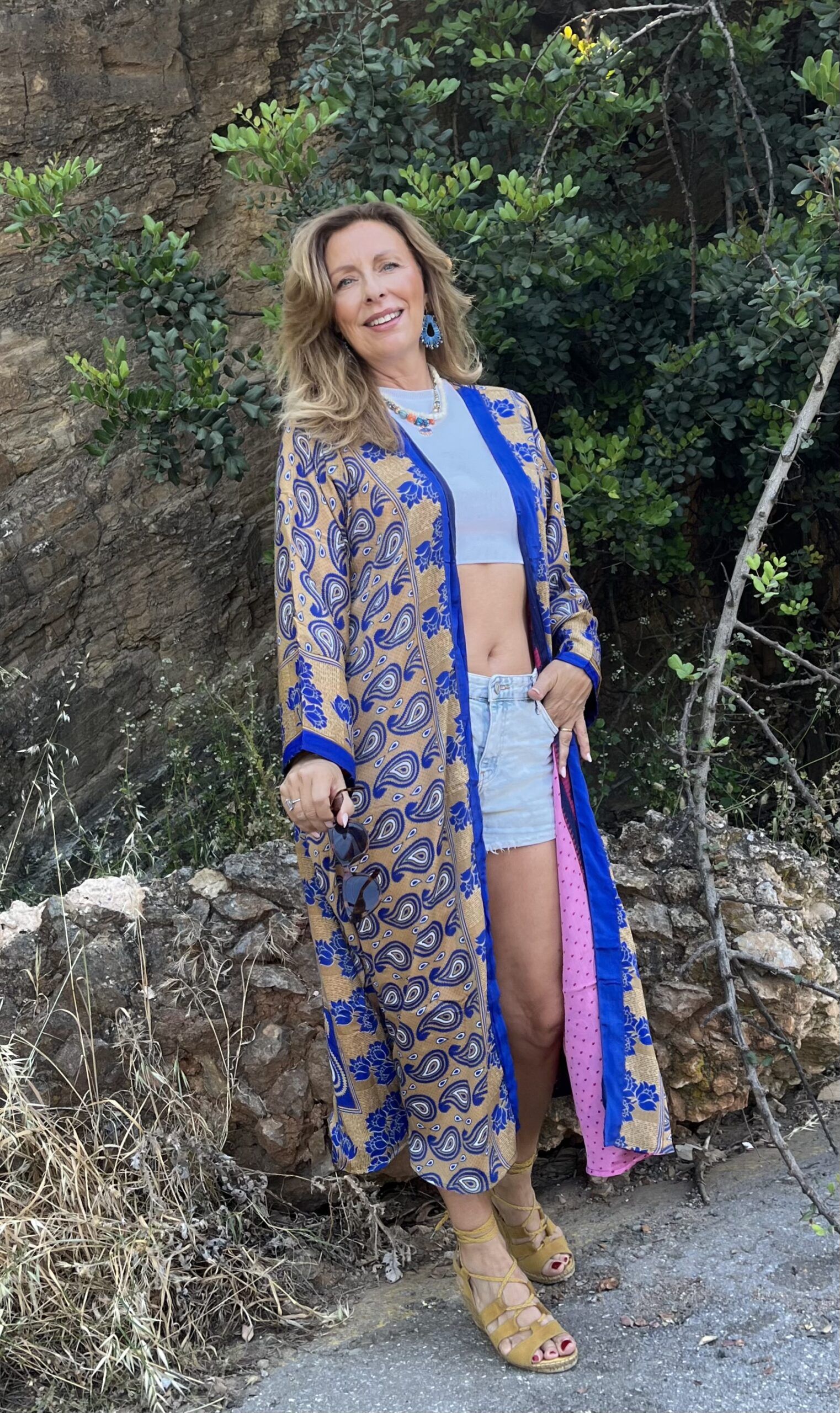 Kimono largo seda reversible, azul por un lado, y rosa por el otro