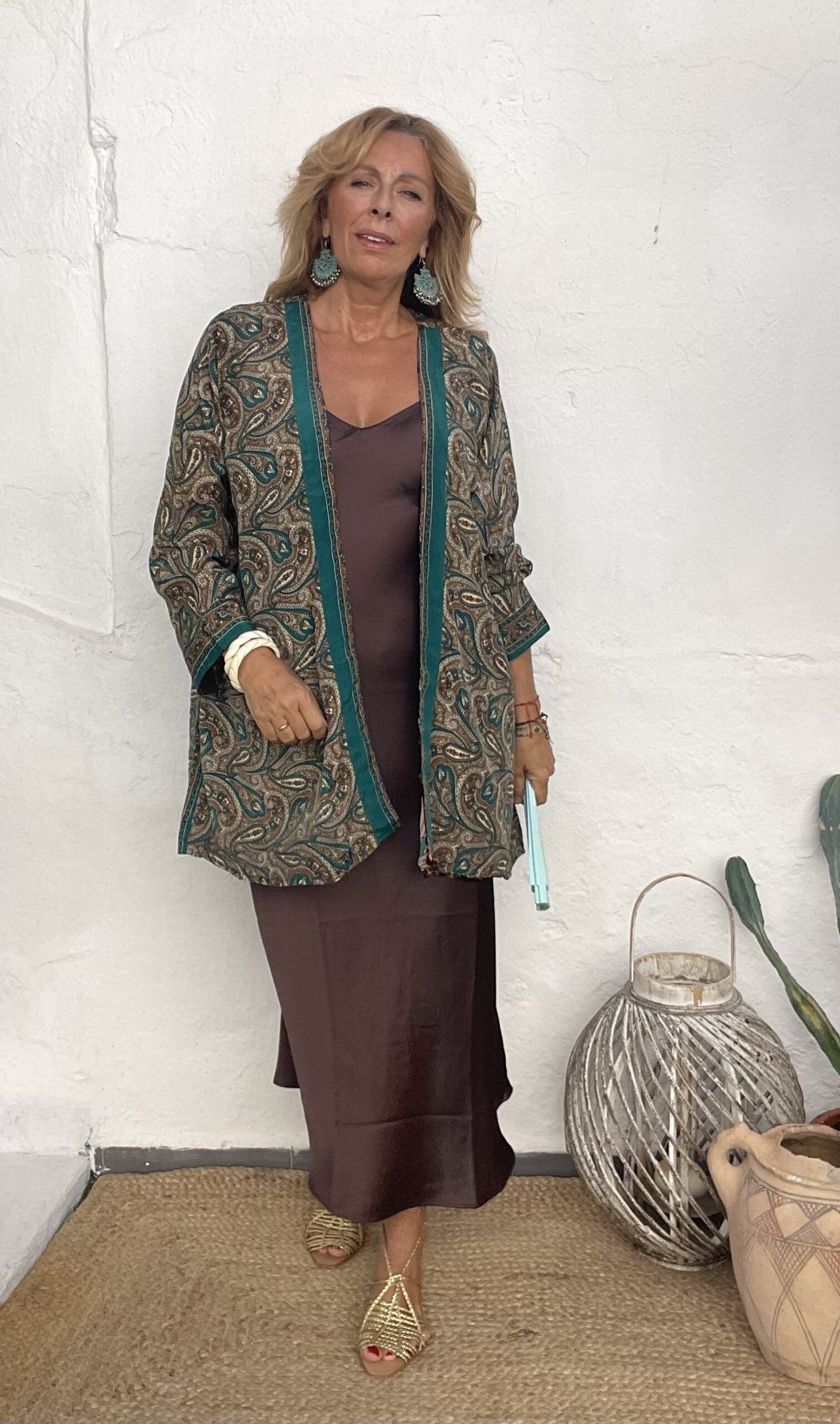 Kimono seda reversible en tonos marrones y verdes